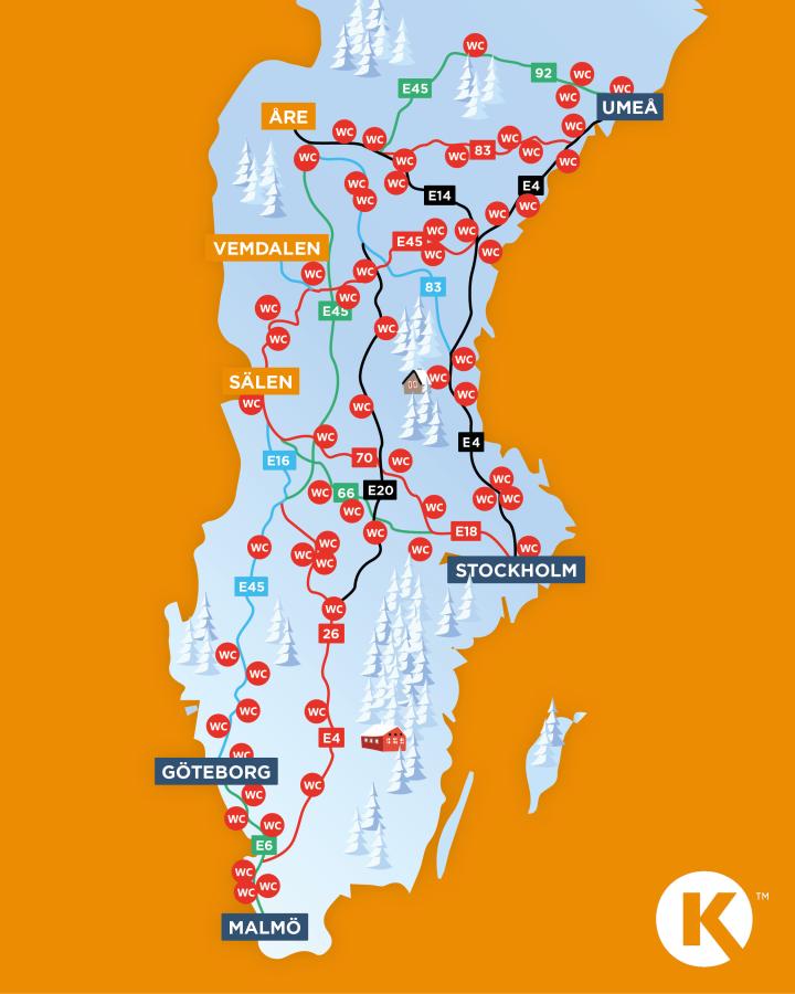 Karta över några av Cirkle K:s stationer i Sverige